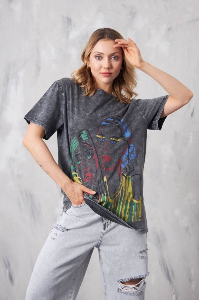 Bisiklet Yaka Baskılı Kısa Kollu Oversize unisex tshirt