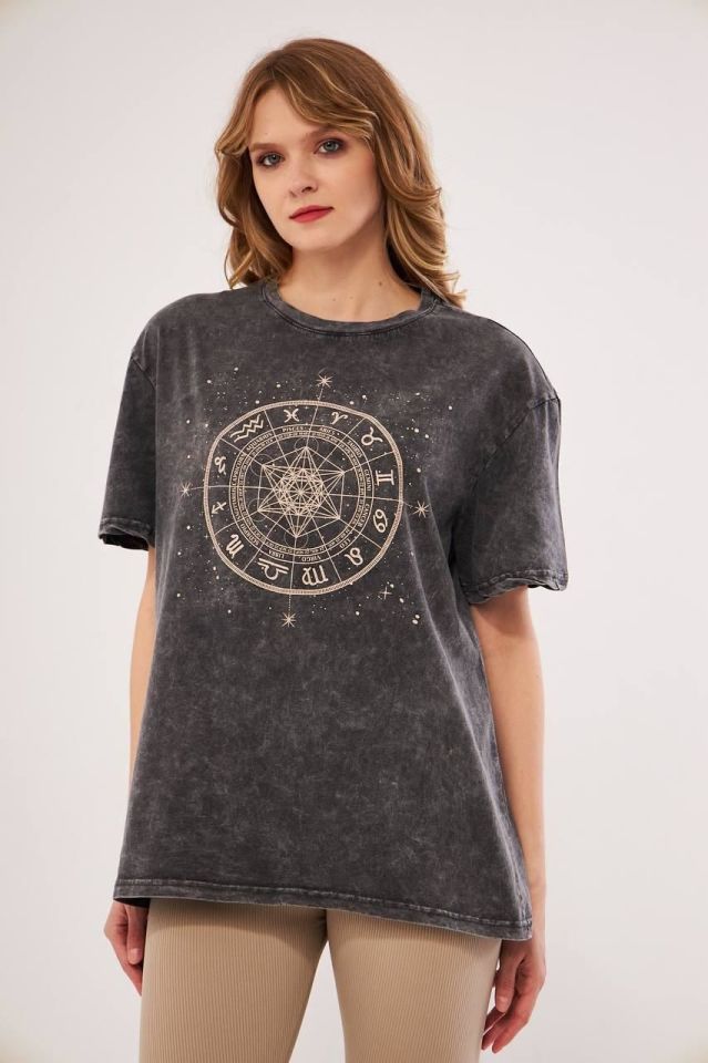 Bisiklet Yaka Baskılı Kısa Kollu Oversize unisex tshirt rahat kullanışlı  model 6004