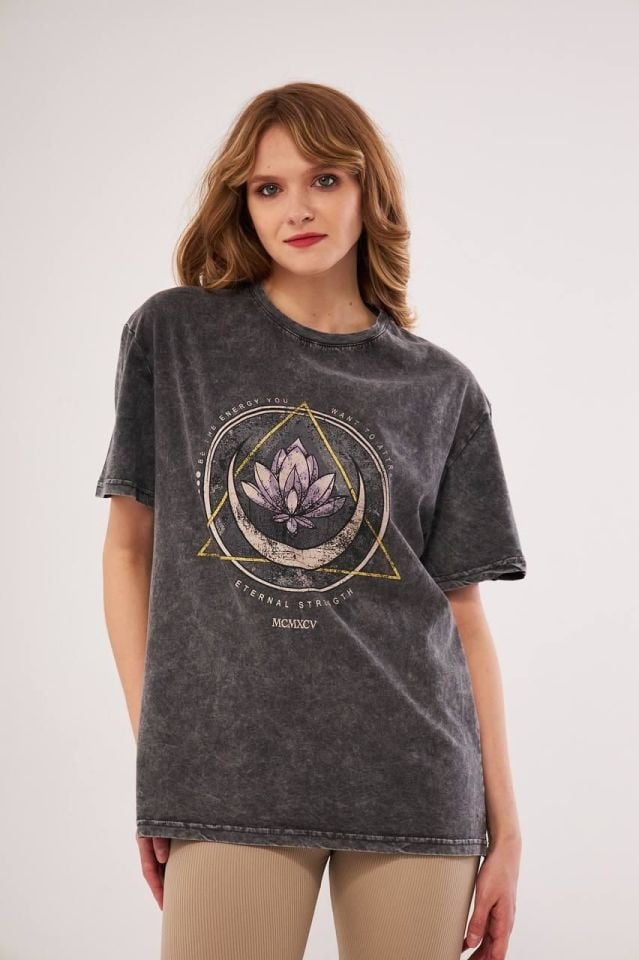 Bisiklet Yaka Baskılı Kısa Kollu Oversize unisex t-shirt 6006